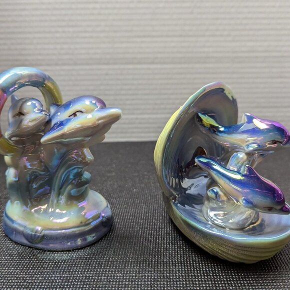 Set of 2 Vintage 90s Baby Dolphin Figurines Iridescent Blue Purple Yellow Decor - Picture 7 of 9